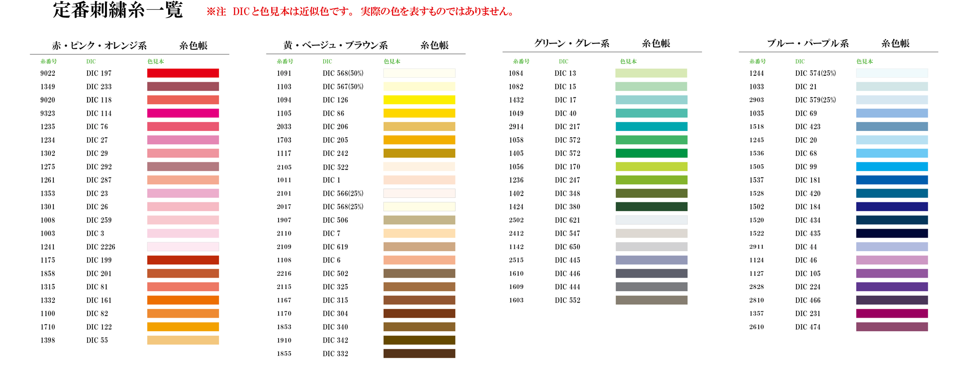 新居田物産のタオル刺繍用定番カラー（全81色）