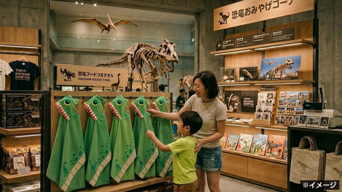 フード付き冷感タオルがミュージアムショップで展示されているイメージ画像